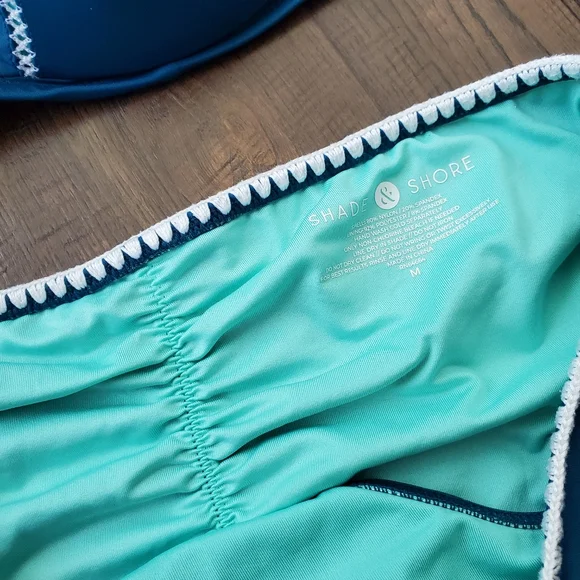 Shade & Shore Two Piece Bikini Set 36D Top Medium Bottoms Teal Crochet - Picture 3 of 7